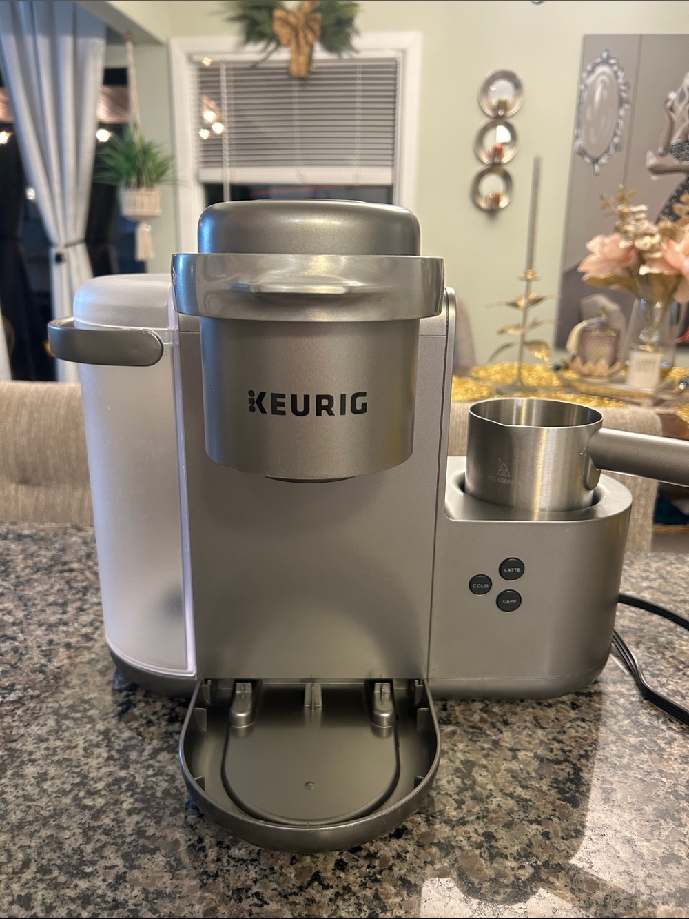 Keurig Metallic Silver Single-Serve Coffee Maker with Built-In Frother